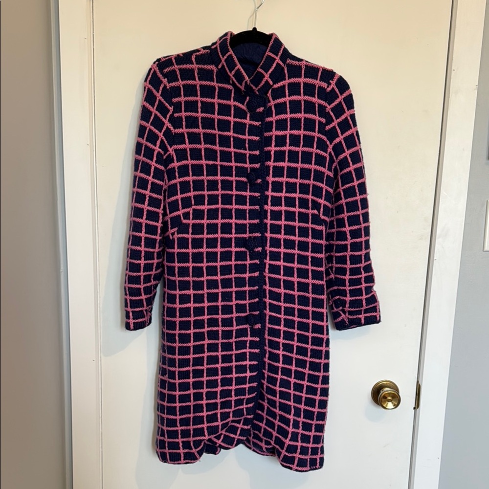 Pink and Blue Checkered Knit Trench Coat
